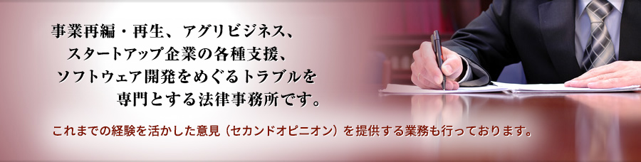 事業再編・再生、アグリビジネス、スタートアップ企業の各種支援、ソフトウェア開発をめぐるトラブルを専門とする法律事務所です。これまでの経験を活かした意見(セカンドオピニオン)を提供する業務も行っております。